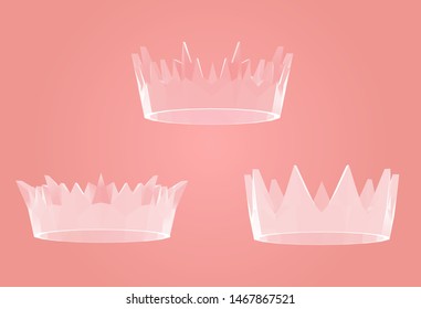 Romantic Crown. Set of Pink Crowns on Feminine Background. Low Poly Valentines Vector 3D Rendering