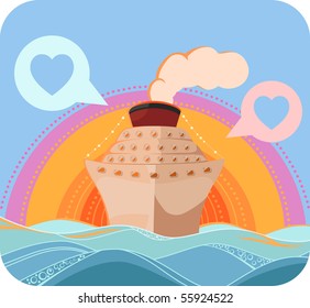 Romantic cruise liner in the sunset. Vector illustration. No gradients, textile style