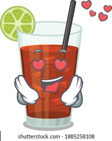 Romantic cuba libre cocktail cartoon character has a falling in love eyes