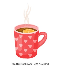 una taza romántica de té caliente con limón. Ilustración vectorial, aislada en blanco. Estilo de caricatura.
