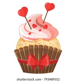 romantic cupcake on Valentine s Day. Happy Valentines day icon vector illustration. Custom graphic design for celebrating Valentine s day with a beautiful cupcake decorated with hearts