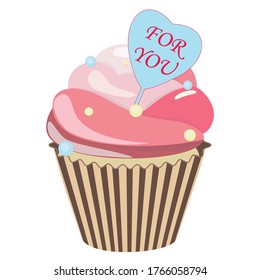 Romantic cupcake. Realistic cupcake. Sweet creamy desserts muffins with frosting flavors decoration, delicious confectionery and baking.