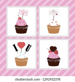 Romantic cupcakes on February 14, Valentine's day with cherry, chocolate and toppers on pink background.