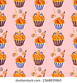 Romantic cupcakes in striped cups with candies on a stick on a pink background. Cute cartoon baked goods. Seamless pattern with sweets and confectionery.