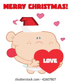 Romantic cupid with love heart with merry christmas sign