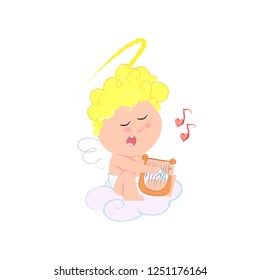 Romantic Cupid playing harp and singing love song. Love concept. Vector illustration can be used for topics like party invitation, Valentines day, concert