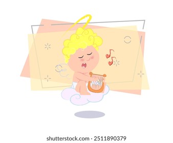 Cupido romántico tocando el arpa y cantando canciones de amor. Concepto de amor. La Ilustración vectorial se puede utilizar para temas como invitación de fiesta, día de San Valentín, concierto