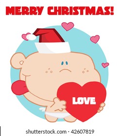 Romantic cupid with red love heart with merry christmas sign