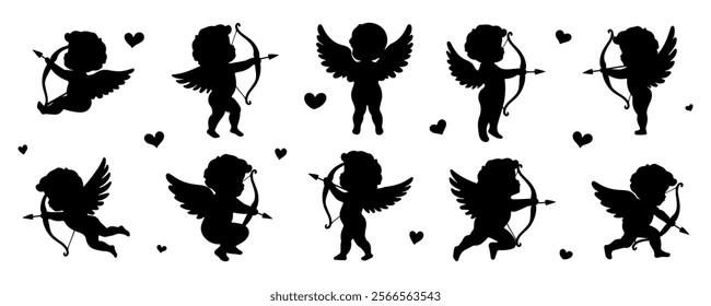 Romantic cupid silhouette set with bows, arrows, and hearts. Perfect for Valentine's Day cards, scrapbooking, invitations, posters, stickers, and romantic designs.