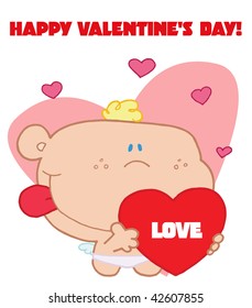 Romantic cupid with valentine hearts holding red love heart with happy valentine's day sign