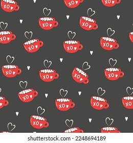 Romantic cups with hearts on dark background. Seamless pattern for Valentines day