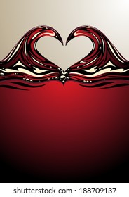 Romantic curling symmetrical heart shaped waves on the surface of red wine with copy-space for your Valentine, wedding or anniversary message, illustration
