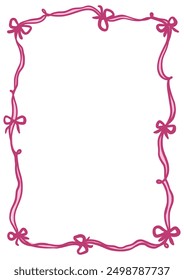 Romantic curly decorative vector frame with bows. Elegant clipart element in hand-drawn style. Isolated decoration in burgundy color. Suitable for wedding or birthday invitation