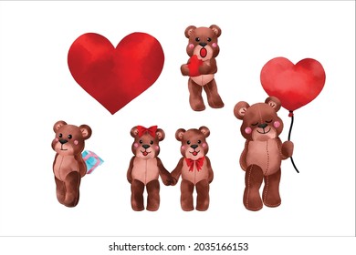 Romantische süße Teddybär-Clipkunst in einzelne Vektorgrafiken. Illustrationen für Kinder.