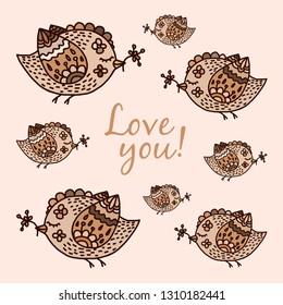 Romantic cute card. Hand-drawn dreaming birds with a flower in their beaks.