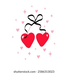 Romantic cute cherry with ribbon bow, hearts and stars. Trendy minimal isolated element for logo, poster. Surface cover design. Fabric textile print.