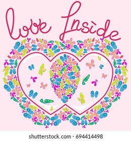 Romantic cute colorful vector butterflys in two hearts with sign love inside. EPS 10 vector.