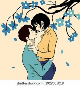 romantic and cute couple looking at each other, boy is holding the girl, flowers, tree