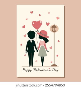 romantic cute couple on the beige background with hearts anf flashlight. vector card with black silhouettes of couple. vector template for valentine's day in flat style. vector flat art