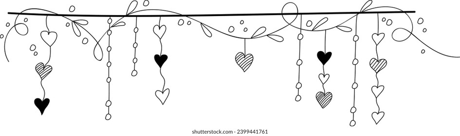  Romantische süße Doodle-Garage mit kleinen Herzen und Blättern auf transparentem Hintergrund. Line Art. Handgezeichnete Elemente. Valentinstag, Hochzeitskonzept. horizontaler Banner.