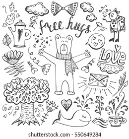 Romantic cute elements in doodle style. Valentine's day theme. Hand drawn vector set with hearts, animals, tree, flowers, clouds. Design for prints and T-shirts.