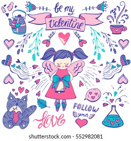 Romantic cute elements in doodle style. Valentine's day theme. Hand drawn vector set with hearts, angel, cat, flowers.  Design for prints and T-shirts.