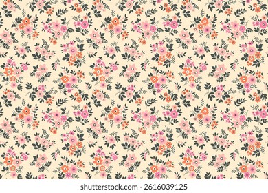 Romantic cute floral pattern in small flowers. Small pastel pink and orange flowers. Beige background. Ditsy print. Floral seamless background. Gentle template for fashion prints. Summer Stock pattern