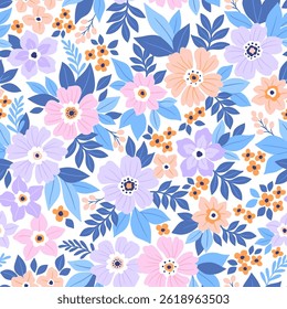 Padrão floral bonito romântico em flores pequenas. Pequeno pastel lilás e flores rosa. Fundo branco. Impressão de Ditsy. Fundo floral sem emenda. Modelo suave para impressões de moda. Padrão de Estoque de Páscoa.
