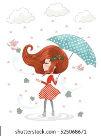 Romantic cute girl with umbrella in the rain.