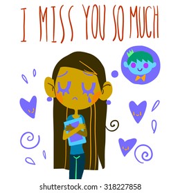 Romantic cute "I miss you so much" postcard. Vector Greeting card for Valentine's Day, wedding, games. With cute teen girl and hearts. With love.