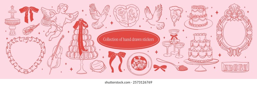 Romantic Cute Illustration Collection. Angel with harp, doves, macaroons decorated with ribbon bow, birthday cakes. Coquette doodle in hand-drawn line style for Wedding or Valentine's Day.	
