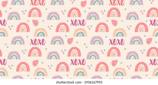 Romantic cute pattern in doodle style with XOXO message as a seamless texture for Valentines Day celebration design. Colorful vector illustration