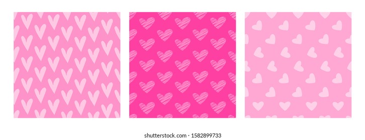 Romantic cute ready to use set of 3 seamless patterns with hearts. Vector printable valentines day background, invitation design, postcards, posters.
