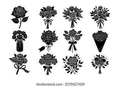 Romantic Cute Rose bouquets vector cartoon illustration for  Valentine's Day line art