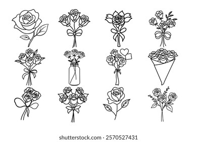 Romantic Cute Rose bouquets vector cartoon illustration for  Valentine's Day line art