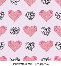  Romantic cute seamless pattern with colorful and doodle hearts on the light pink background . Vector. Hand drawing . Valentine day. Red, light pink. For packaging paper, fabric 