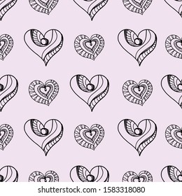 Romantic cute seamless pattern with hearts. Vector. Doodle style. Decorative Hand drawing background. Valentine day. Black, light pink. For packaging paper, fabric 