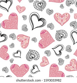 Romantic cute seamless pattern with hearts on the white background. Vector. Doodle style. Decorative Hand drawing background. Valentine day. red, white, black. For packaging paper, fabric 