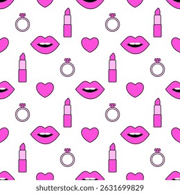 Romantic cute seamless pattern with lips, rings, hearts and lipsticks on white background. Design for girls. Valentine's Day, February 14