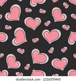 Romantic cute seamless pattern with pink hearts on grey background. Valentine Endless cute love print. Girly vector illustration.