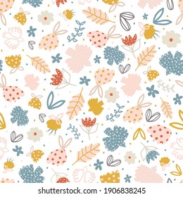 Romantic cute seamless pattern vector illustration with flowers, birds, and leaves on white background. Backdrop for kids apparel, fabric,  nursery room decoration, wrapping paper, and print design