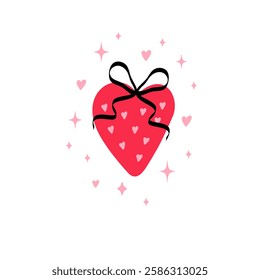 Romantic cute strawberry with ribbon bow, hearts and stars. Trendy minimal isolated element for logo, poster. Surface cover design. Fabric textile print.