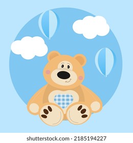 Romantic cute teddy bear in paper cut style. Pink with heart and balloons. For romantic postcard or baby shower. Its a girl