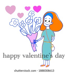 romantic cute Valentine's Day card in cartoon style like draw it yourself .one orange hair girl in cute blue dress handing flower bouquet to her loved one with pink hearts hand drawn cartoon vector 