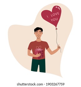 Joven romántico lindo con una caja de regalo y un globo en forma de corazón. Por el Día de San Valentín. Ilustración vectorial. Eps 10.