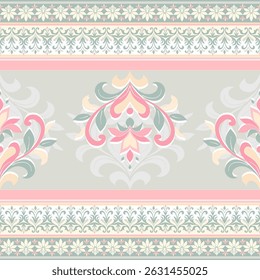Romantic damask design in soft gray background with vibrant pink and green pastel floral motifs, complemented by detailed horizontal decorative stripes. Ideal for fabric, gift wrap, elegant wallpaper.