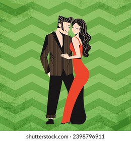 Romantic dance couple flat-illustration. Retro style wish retro green backgraund and vintage texture. You can use it for your banners, website designs, book covers, etc.