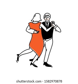 Romantic dance couple. Woman in elegant red dress and men in black vest with tie. Tango illustration, social dancing vector outline art.