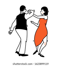 Romantic dance couple. Woman in elegant red dress and men in black vest. Tango illustration, social dancing vector outline art