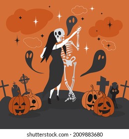 Romantic dance. Death. A postcard for the Halloween holiday. Ghosts, carved pumpkins, a skeleton and . Decor for Halloween. The kiss of death. Tango, salsa, rumba. Trick or treat!